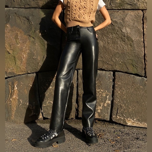 Aritzia Wilfred Melina Faux Leather Pants High Rise Straight Leg Black Size 6 - Picture 2 of 15